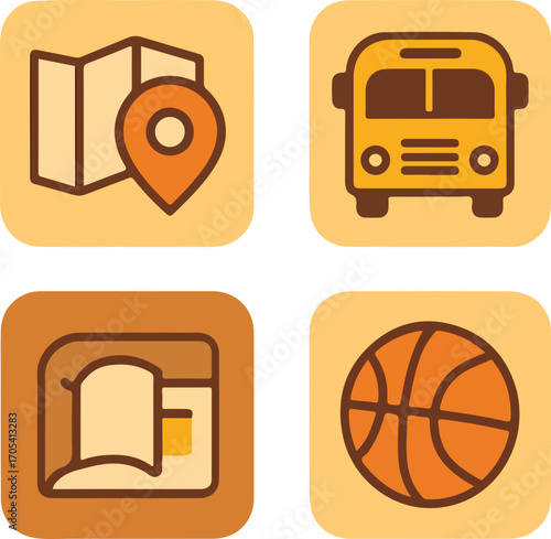 Four icons representing map, bus, bed, and basketball.