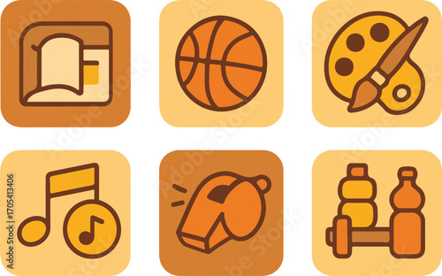 A collection of six square icons representing different hobbies and activities, including art, music, sports, and fitness.