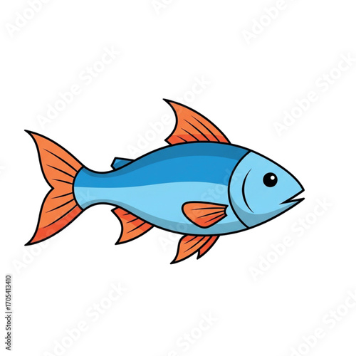 Cartoon Blue Fish With Orange Fins.