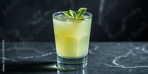 Pale green drink in clear glass, sage garnish, dark glossy reflection,   food photography,   closeup