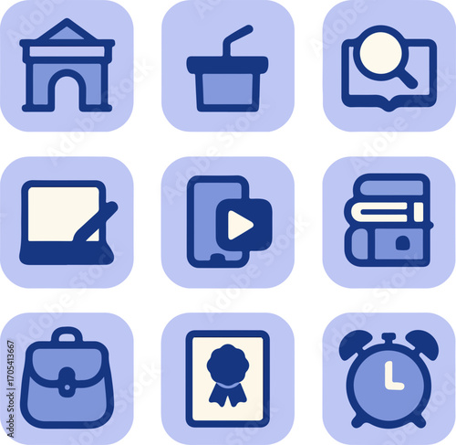 Collection of nine simple, outlined icons representing educational and business concepts.