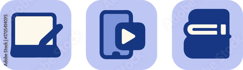 Three minimalist blue icons on a light purple background: a tablet with a stylus, a smartphone with a play button, and a notebook.