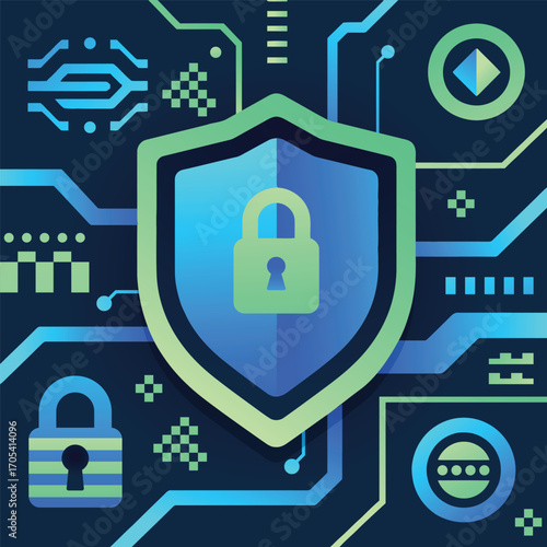 Vibrant Blue Green illustration of data protection featuring lock icons and digital network patterns for secure tech concepts