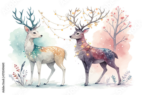 Watercolor deer with antlers decorated with lights