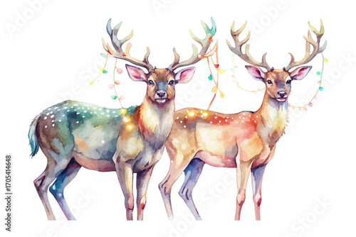 Watercolor deer with antlers decorated with lights