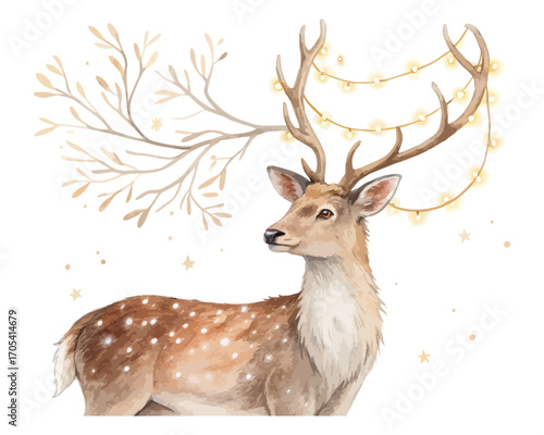 Watercolor deer with antlers decorated with lights vector illustration isolated on white background