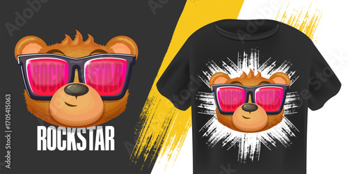 Rockstar teddy bear vector illustration, cool animal character with sunglasses and bold typography, creative design for t-shirts, apparel, merchandise, street style, brand, stickers, and labels