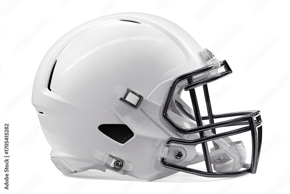 Fototapeta premium Profile view of a white football helmet with dark-colored facemask