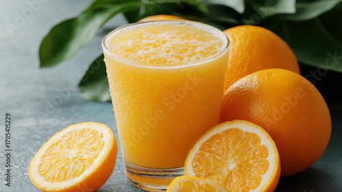 Vibrant Fresh Orange Juice Beverage with Whole and Sliced Citrus Oranges for Healthy Drink