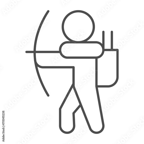 Athlete man with bow and backpack thin line icon, archery sport concept. Vector graphics. Archer, sportsman sign on white background, outline style icon for mobile or web design.