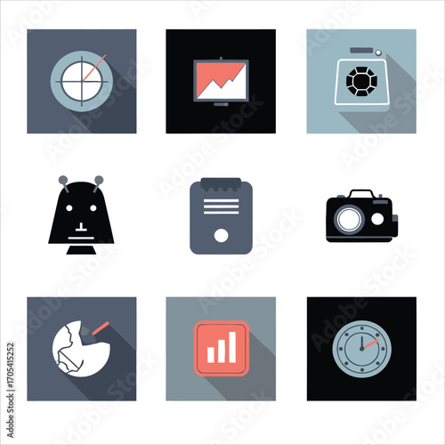 Flat design icon collection with long shadow effect. Set of nine vector symbols for business, technology, travel, and science concepts