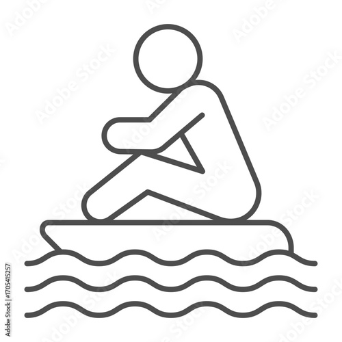 Man on raft floating in water thin line icon, summer sports concept. Vector graphics. Surfboard with man and sea waves sign on white background, outline style icon for mobile or web design.