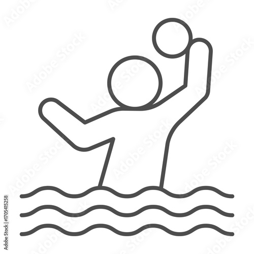 Man with ball in the water thin line icon, volleyball game concept. Vector graphics. Volleyball game player sign on white background, outline style icon for mobile or web design.