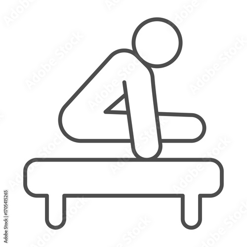Athlete man in pose on the floor thin line icon, physical education concept. Vector graphics. Sportsman with bench, sport sign on white background, outline style icon for mobile or web design.