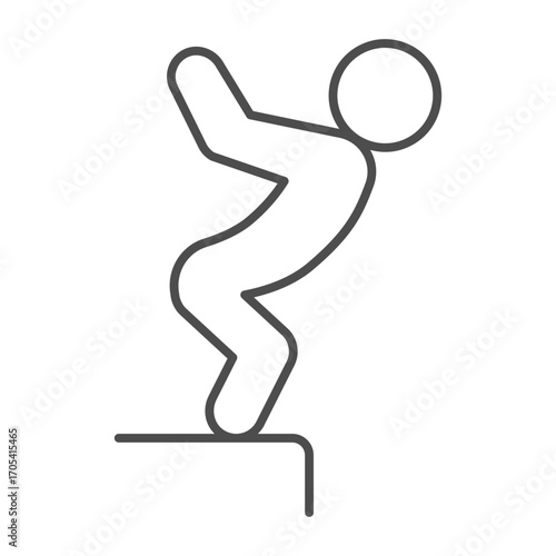 Athlete man on the pier thin line icon, summer sports concept. Vector graphics. Diver prepare to jump, diving sign on white background, outline style icon for mobile or web design.
