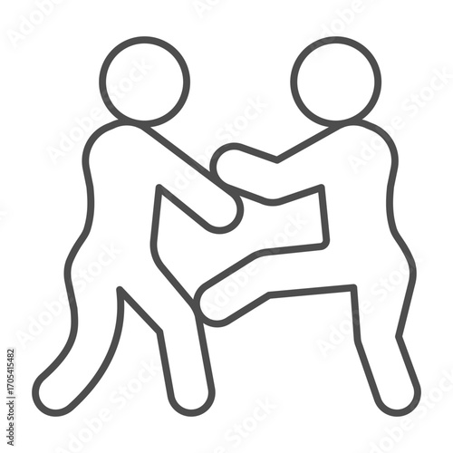 Wrestling athletes thin line icon, fighting sport concept. Vector graphics. Two men in sparring fight, sportsmen sign on white background, outline style icon for mobile or web design.
