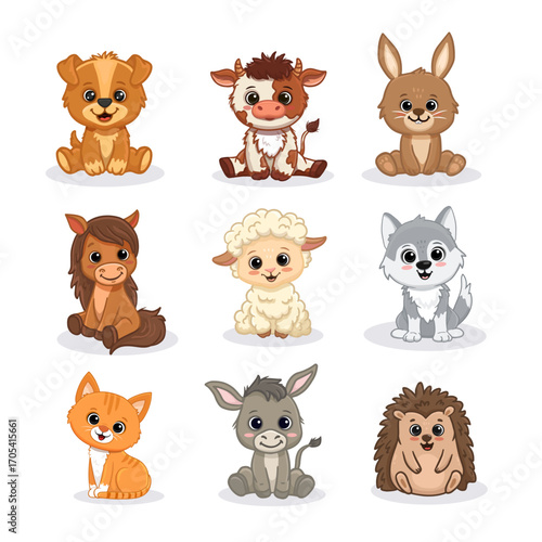 Set of cartoon cute animals including puppy, dog, donkey, horse, lumb, sheep, cow and frog, mouse, squirrel cat, kitten, horse. Funny animals for magazines, postcards, cards. Vector illustration