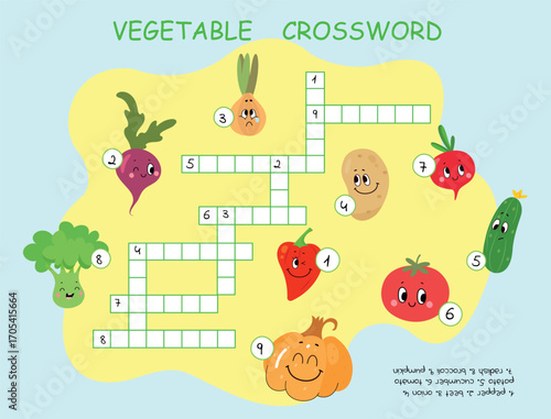 Vegetable kids crossword. Educational play for children with vegetables. Cartoon onion tomato pepper cucumber pumpkin, nowaday vector template