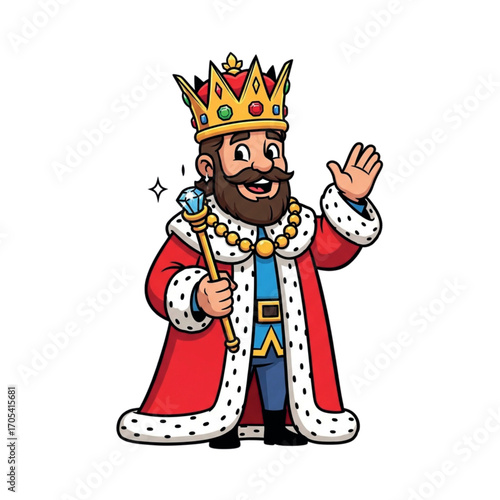 Cartoon King Waving With Scepter and Crown.