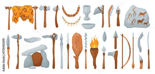 Primitive hunting and life tools. Wooden and stones weapons, stone age style elements. Axe club, bow and arrow, hammer, prehistoric neoteric vector set