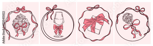 Chalk wedding posters. Hand drawn circle frames with ribbon and bows. Vintage coquette ink doodle elements for wedding invitations, cards, menus, and parties. Whimsical vector frames. 