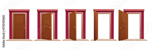 Wooden doors open or close scene. Exit entrance in house or apartment, animation steps. Building facade outdoor elements, sapid vector set