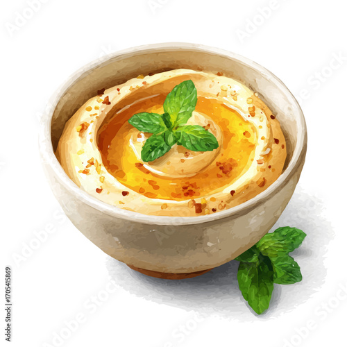 Hummus, watercolor clipart vector, isolated on a white background.