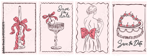 Save the Date hand drawn chalk wedding posters. Vintage cute borders with ribbon and bow. Ink doodle elements for wedding invitations, cards, menus, and parties. Vector minimalist illustration