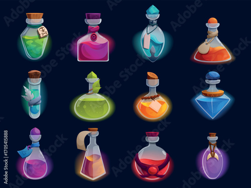 Cartoon game poison bottles. Various glass vials with witch decor and poisonous liquids. Magic potions, old style perfumes design, sapid vector clipart