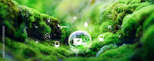 Sustainable transport. Sustainable global transport. logistics or travel by Ship, car, train, airplane, truck, with clean energy and eco friendly process to Net zero carbon emission