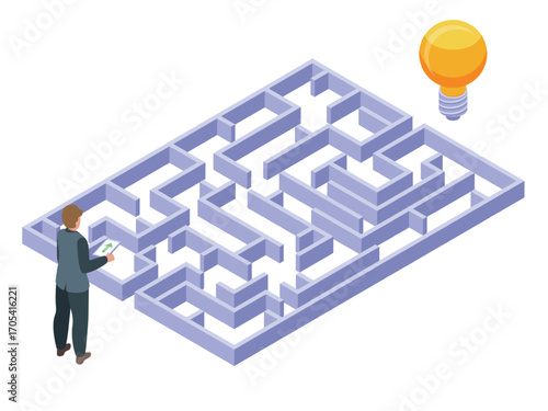 Isometric business maze. Office characters search ideas. 3d labyrinth, giant yellow lamp bulb. Businessman student looking solution, nifty vector concept