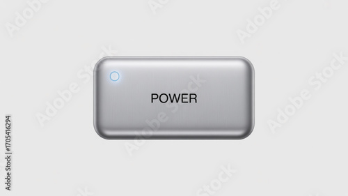 A sleek and modern power bank illustration with a silver finish and a subtle blue light indicator, the word power is printed