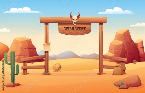Wild west wooden gates in desert. Western landscape with mountains and rocks, tumbleweed, cactus. Sandstone canyon, game sapid vector location