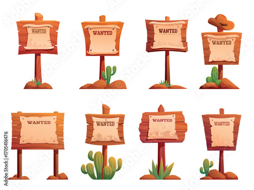 Wooden wanted cartoon billboards. Wild west style sigs for ad, wood banners with empty paper and text wanted, cactus, cowboy hat, sapid vector set