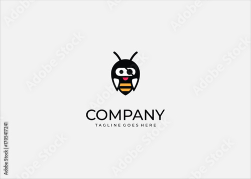 Vector Illustration Cute Pirate Bee Mascot - Playful cartoon bee mascot with a pirate eyepatch, combining insect charm and pirate adventure.