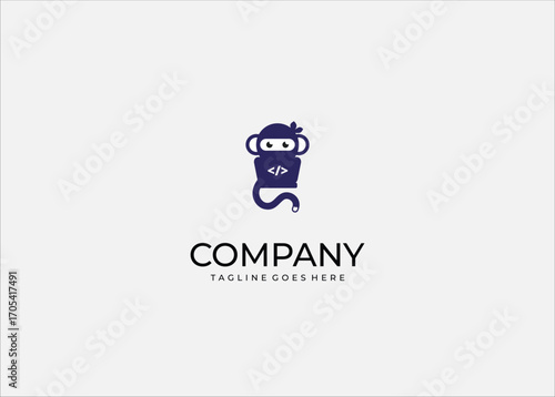 Vector Illustration Code Monkey Ninja Logo – Playful Programmer Mascot Symbol with Geeky Coding Elements, Modern Developer Icon for Tech Startups, Software Branding, and Digital Community Identity.