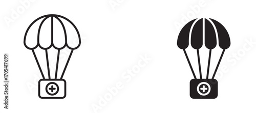 Parachute with first aid kit Icon set in black color for ui designs