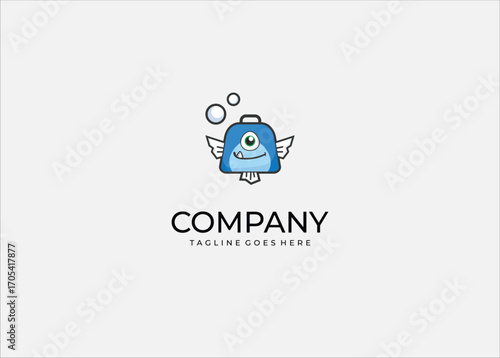 Vector Illustration Playful Blue Fish Bag Logo – Cute One-Eyed Cartoon Character with Bubbles and Wings for Creative Branding.