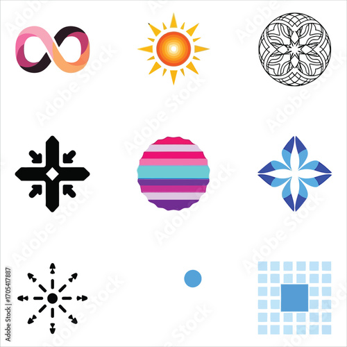 A versatile collection of nine modern abstract geometric symbols and icon elements for creative design projects. Vector graphic set 16