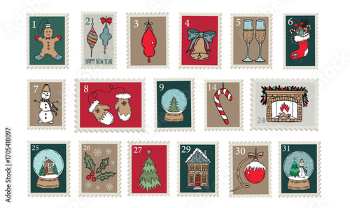 Christmas Stamps, mail, Advent calendar, postcard hand drawn illustrations.
