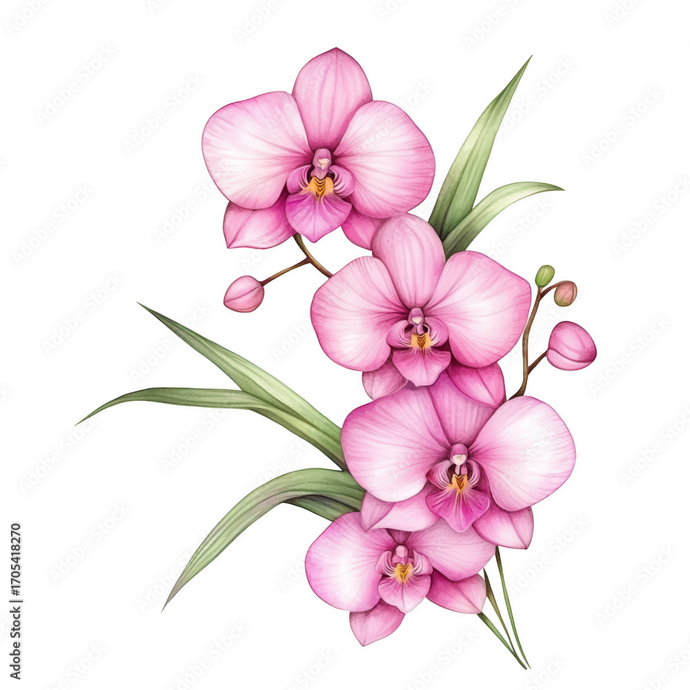 Obraz premium A vibrant cluster of pink orchids with delicate petals and green leaves, showcasing their natural beauty and elegance.