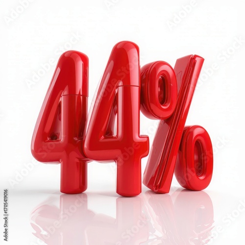 3D shiny red 44 percent discount symbol isolated on white background, perfect for sale promotion, marketing design, advertising banner, ecommerce template, special offer, commercial illustration, shop
