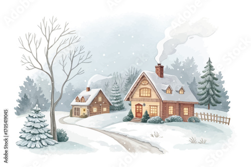 Watercolor cozy village in snow vector illustration 