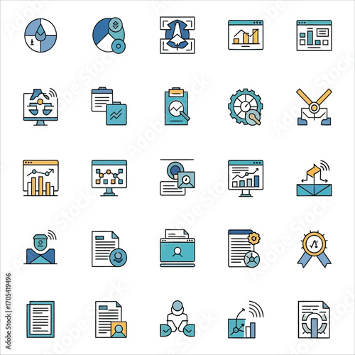 Modern collection of thin line icons for data analysis, business intelligence, corporate management, and marketing strategy