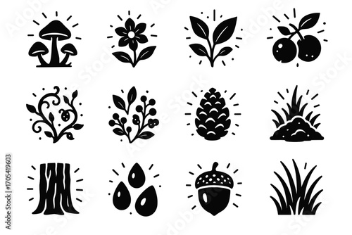 Vector icons pinecones luminous glowing acorns icon flowers radiant shining bioluminescent nature