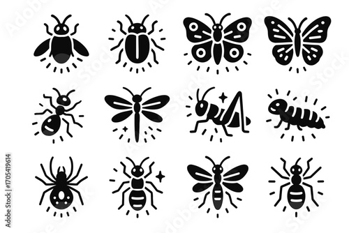 Vector glowing spiders crickets insect moths icons ants wasps radiant shimmering grasshoppers