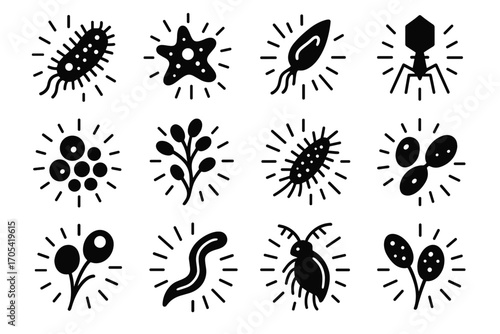 Vector radiant fungal icons cell microbe nematodes cells glowing microalgae icon bioluminescent