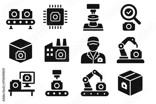 Vector camera testing box icon factory product lens nano control microchip robotic