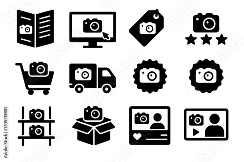 Icons product shelf vector cart camera review icon ad post unboxing influencer