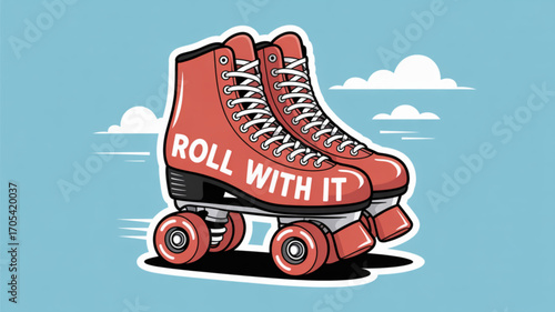 A pair of retro roller skates with the words roll with it on the side, perfect for a fun and active lifestyle